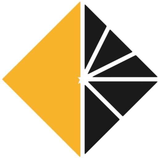Abstract logo: a gold left diamond and a fan of black triangles on the right, split by a vertical line.